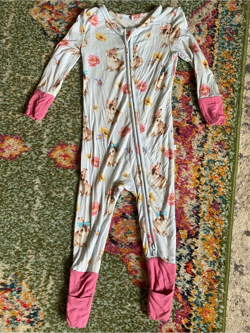 Posh Peanut Light Blue Floral Bunny Footed One-Piece with Pink Trim